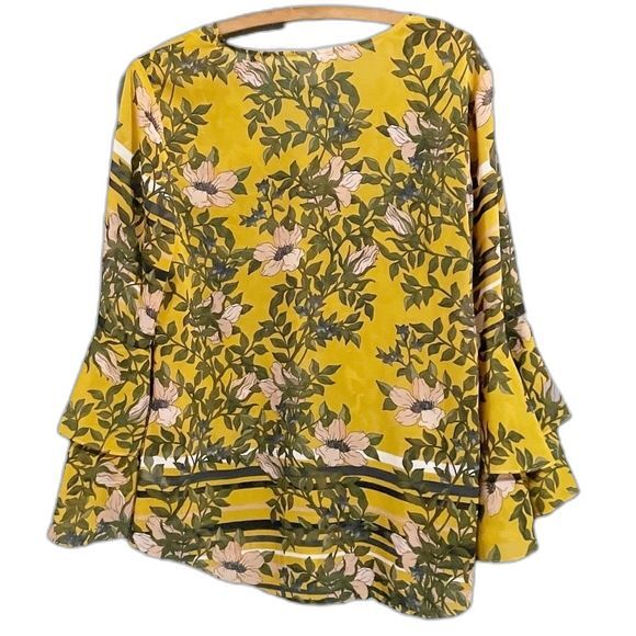 Cabi Top Trumpet Sleeve Yellow & Pink Floral Print Blouse Size Small Mod Boho - Picture 2 of 9